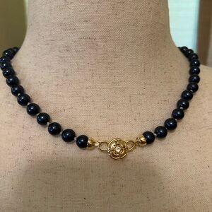 Navy Blue Glass Pearl Necklace with Gold Floral Clasp NWOT